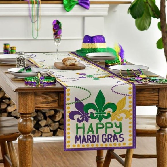 Mardi Gras Table Runner Party Decor Fleur De Lis Cottage Dining Decorative Cloth - Picture 3 of 4